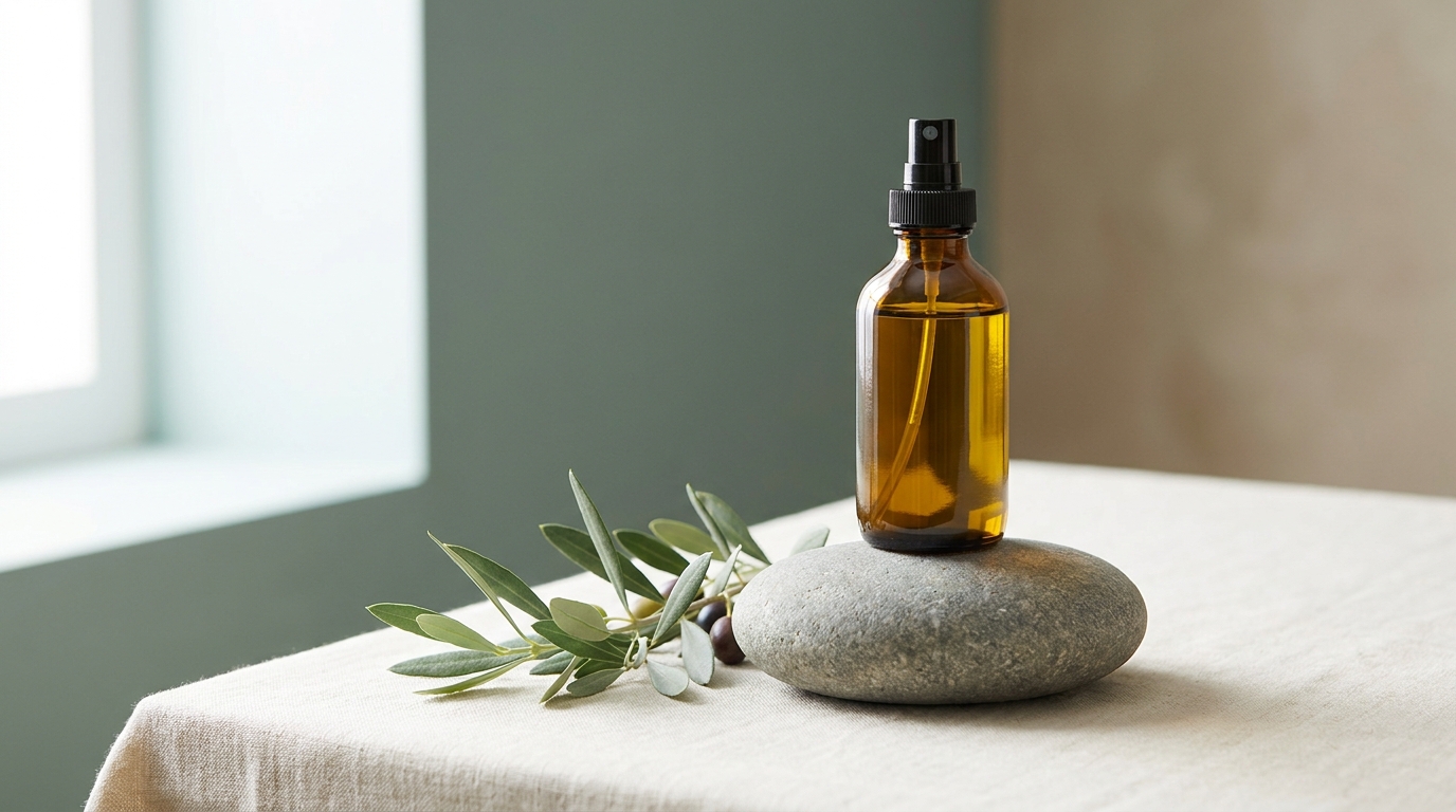 Amber glass olive oil ear spray on a pebble with fresh olive leaves