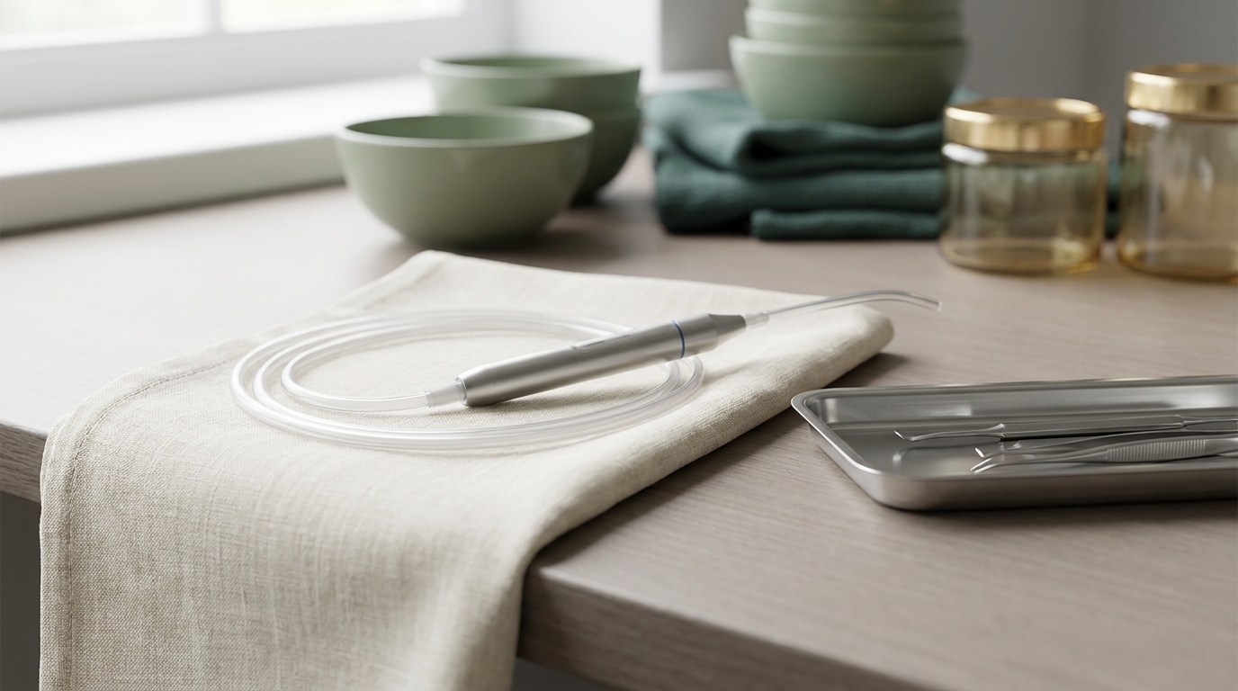 Microsuction handpiece and suction tubing beside a stainless steel instrument tray