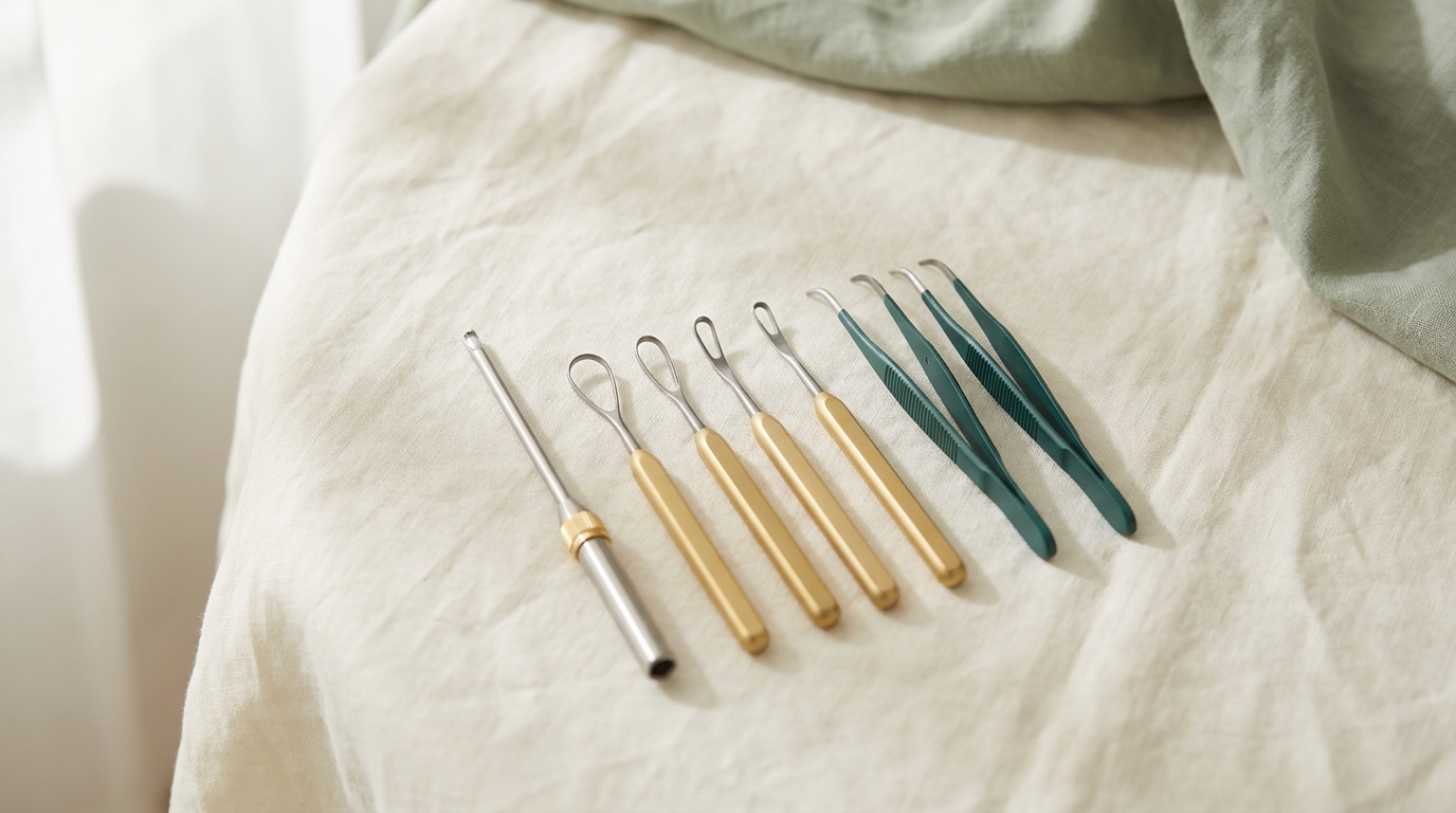 Fine microsuction instruments laid out on cream linen